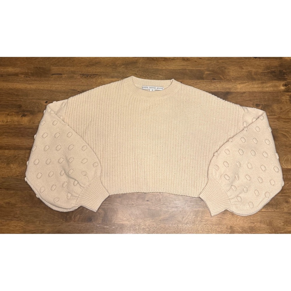 HYFVE Cream Cropped Sweater Small Pom Pom Balloon Sleeves Knitwear